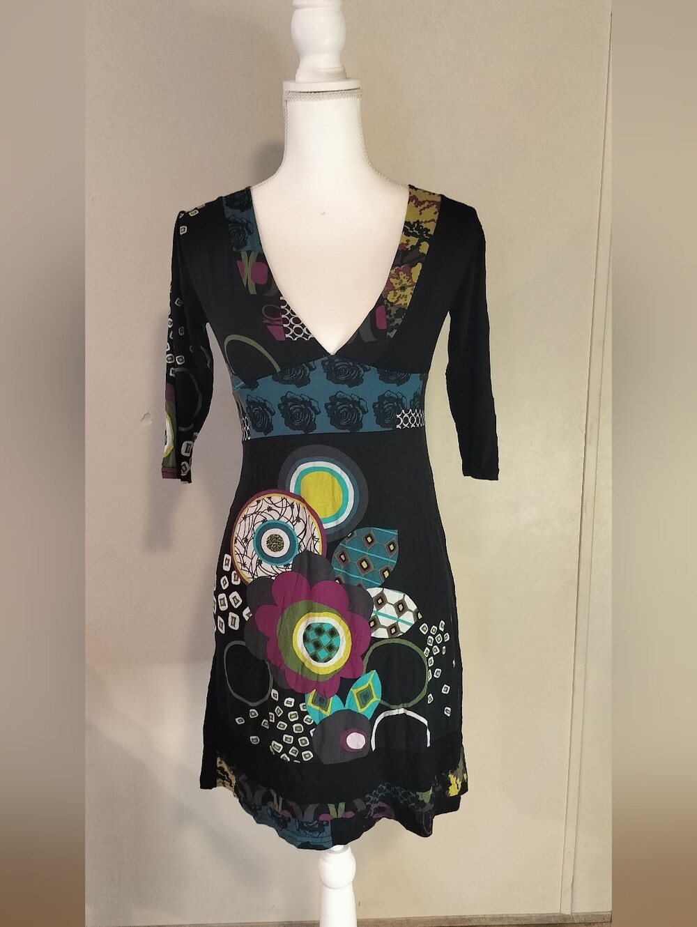 Black V-Neck Floral & Geometric Print Dress